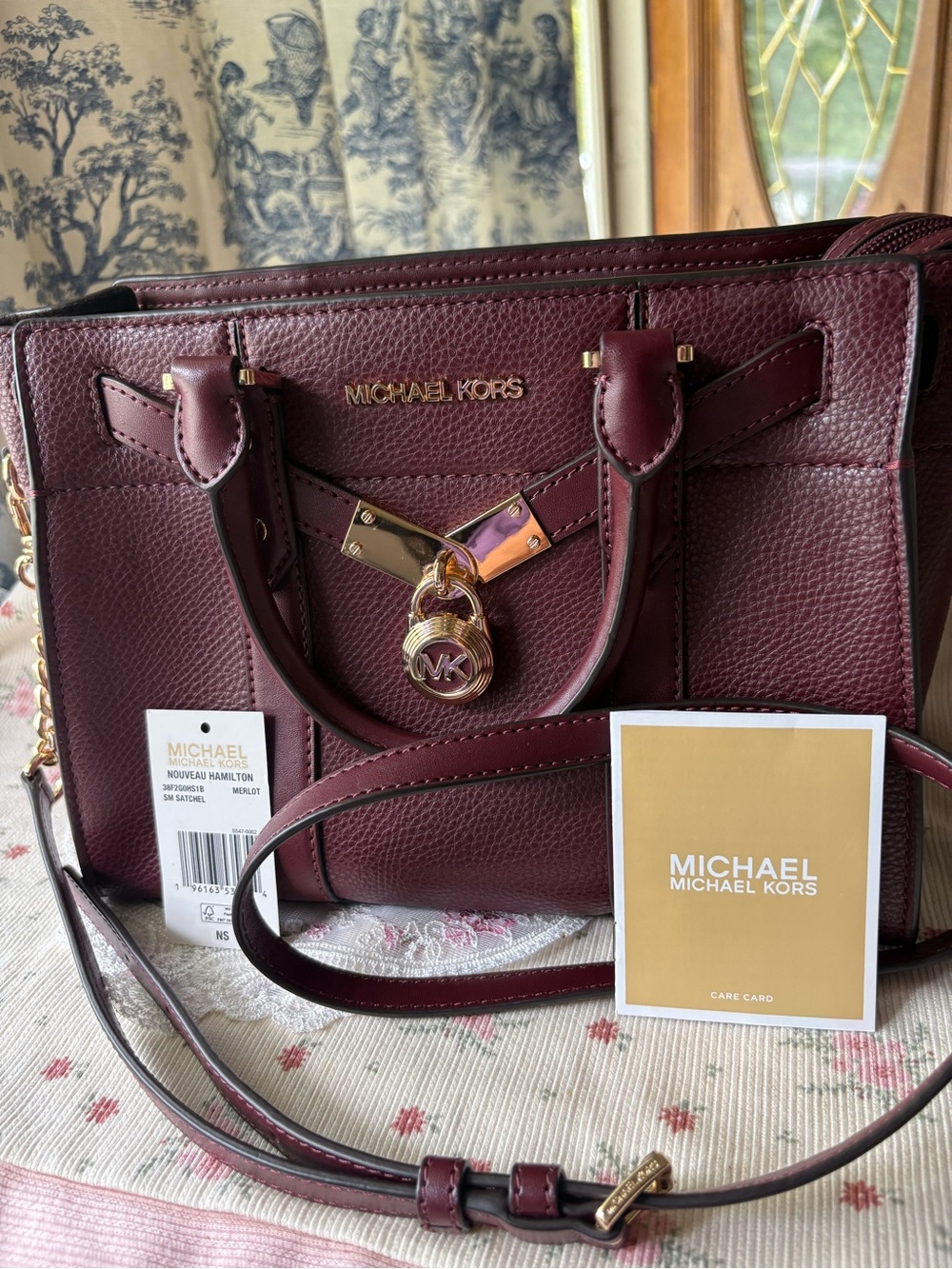Michael Kors Burgundy Pebbled Leather Satchel with Gold-Tone Hardware